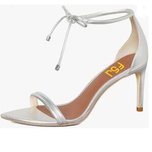 FSJ Silver Open Toe Sandals Strappy Stiletto Heel Lace-up Ankle Strap Dress Shoe